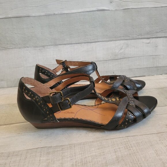 Indigo By Clarks Black Strappy Studded Leather Sandals Ankle Strap Low Wedge Wom - Picture 2 of 9